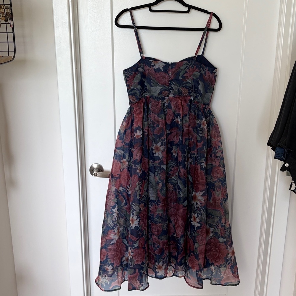 Lulus Cherished Aura Navy Blue Floral Organza Bustier Midi Dress - Picture 4 of 4